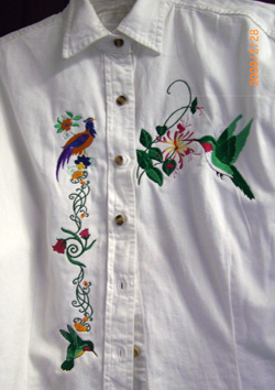Hummingbird and floral embroidered shirt.